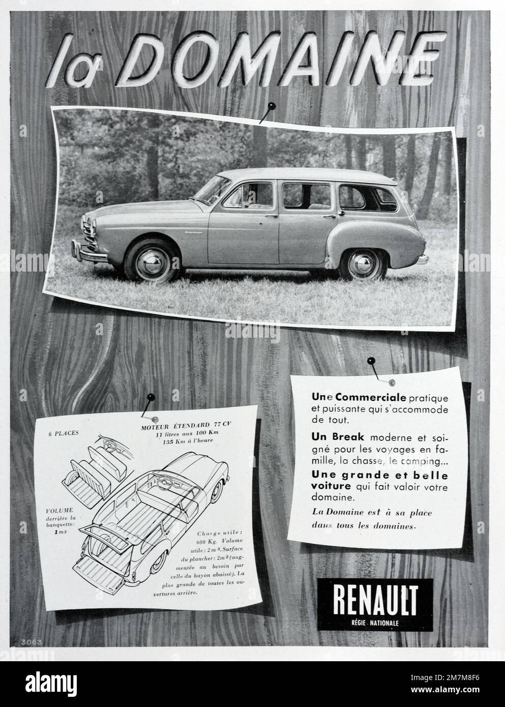 Vintage o antiguo anuncio, publicidad, publicidad o ilustración para Renault Domaine Estate Car o Automobile1956 Foto de stock