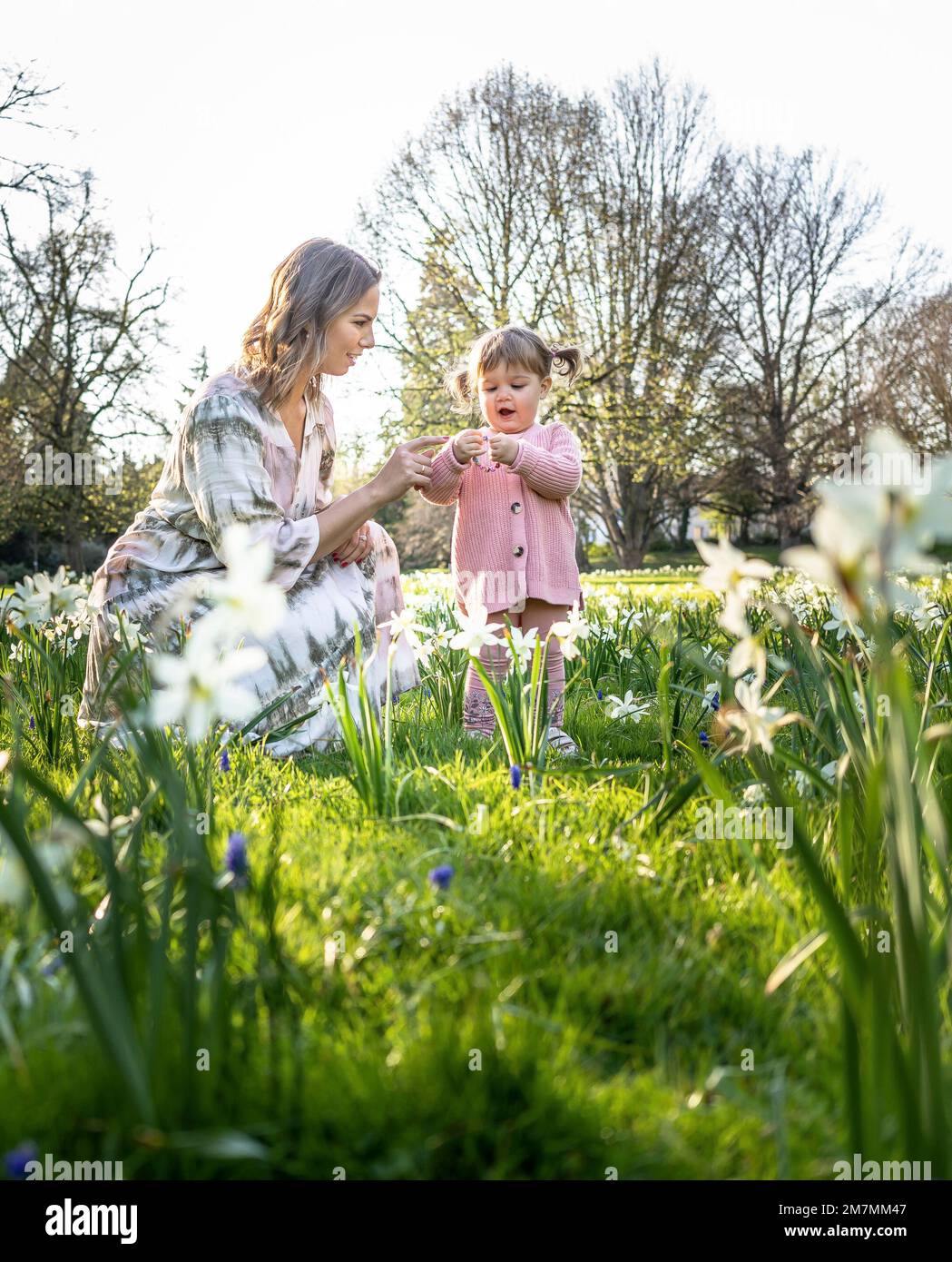 Europa, Alemania, Baden-Wuerttemberg, Stuttgart, Castillo de Hohenheim, Madre jugando con la pequeña hija en un prado de flores en el jardín botánico de la Universidad de Hohenheim Foto de stock