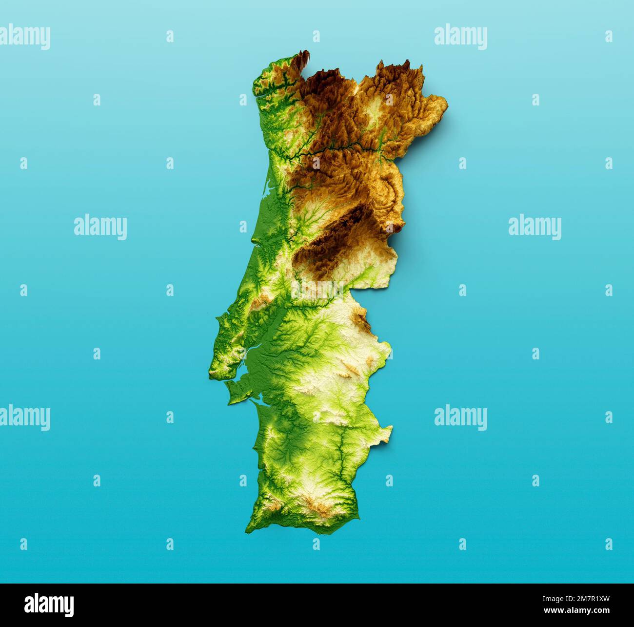 Una ilustración de 3D del mapa topográfico de Portugal sobre un fondo