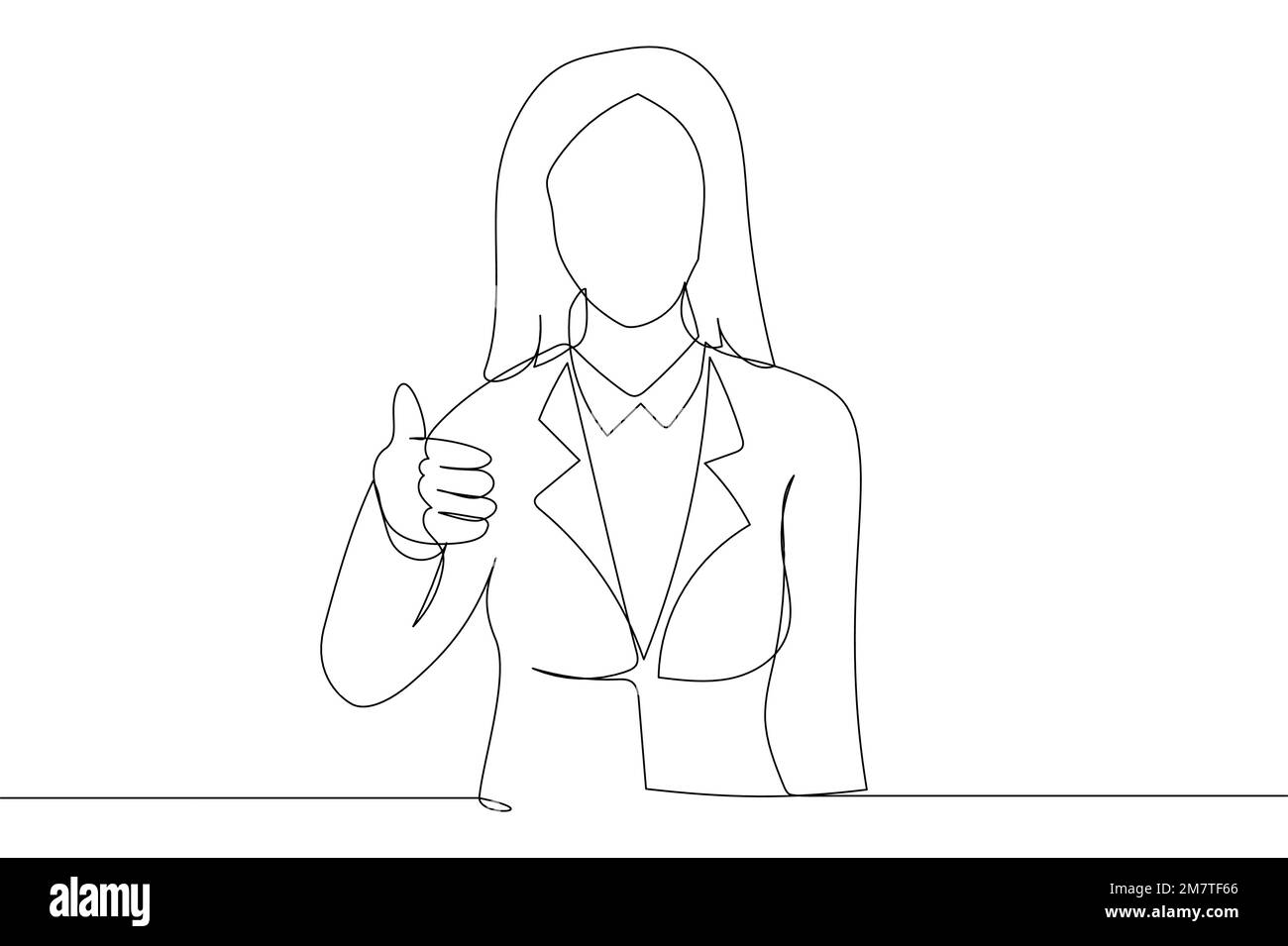 mujer en traje de negocios mostrando pulgares para arriba signo. Arte lineal continuo único Ilustración del Vector