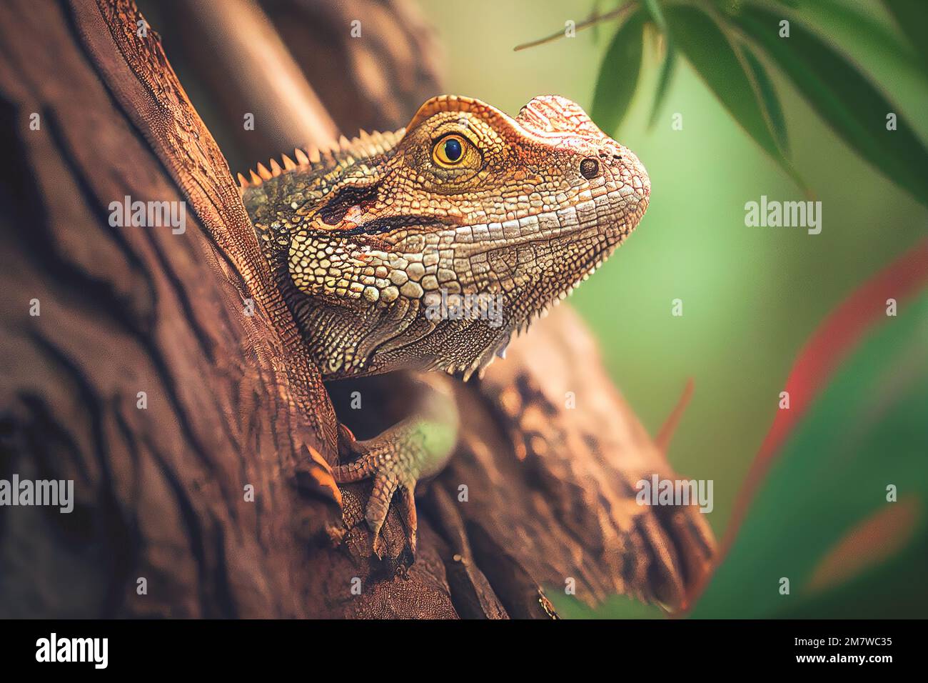 Primer plano de un reptil en su hábitat natural en una rama de árbol