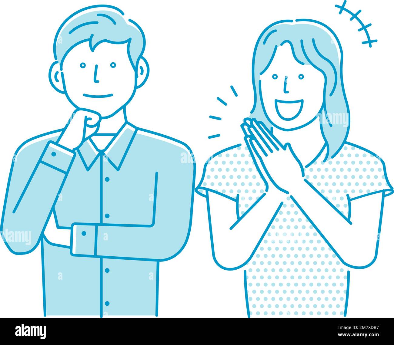 Ilustración vectorial de una joven pareja escuchando y pensando (imagen positiva) Ilustración del Vector