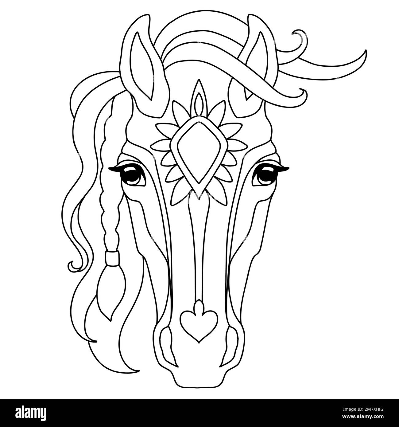 Cabeza de diseño de enredos de caballos. Dibujado a mano doodle ilustración vectorial. Plantilla con formas simples para crear un colorante decorativo complejo. Cabeza animal f Ilustración del Vector
