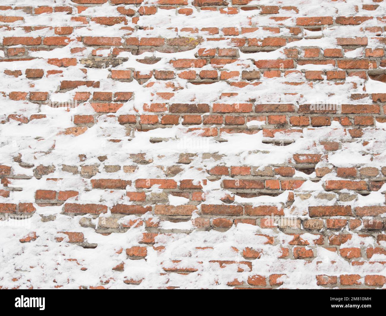 Pared de ladrillo rojo cubierto de nieve. Ciudad vieja en Lublin Foto de stock