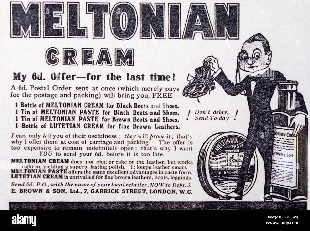 1912 Anuncio de periódico para el esmalte de zapatos Meltonian Cream. Foto de stock