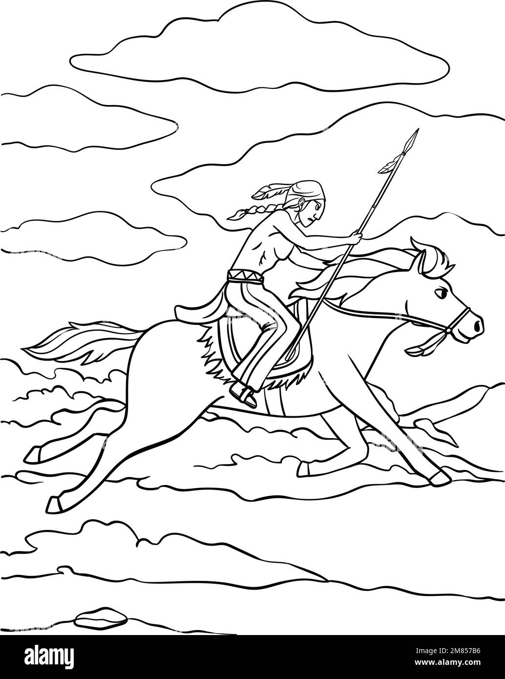 Indio nativo americano montando un caballo para colorear Ilustración del Vector