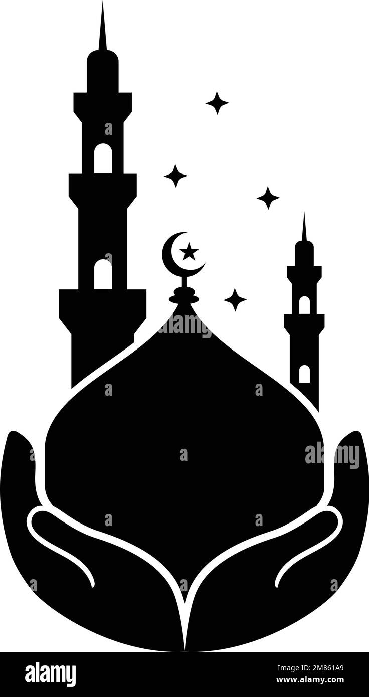 mezquita y minarete sosteniendo dos manos, icono de vector. Ilustración del Vector