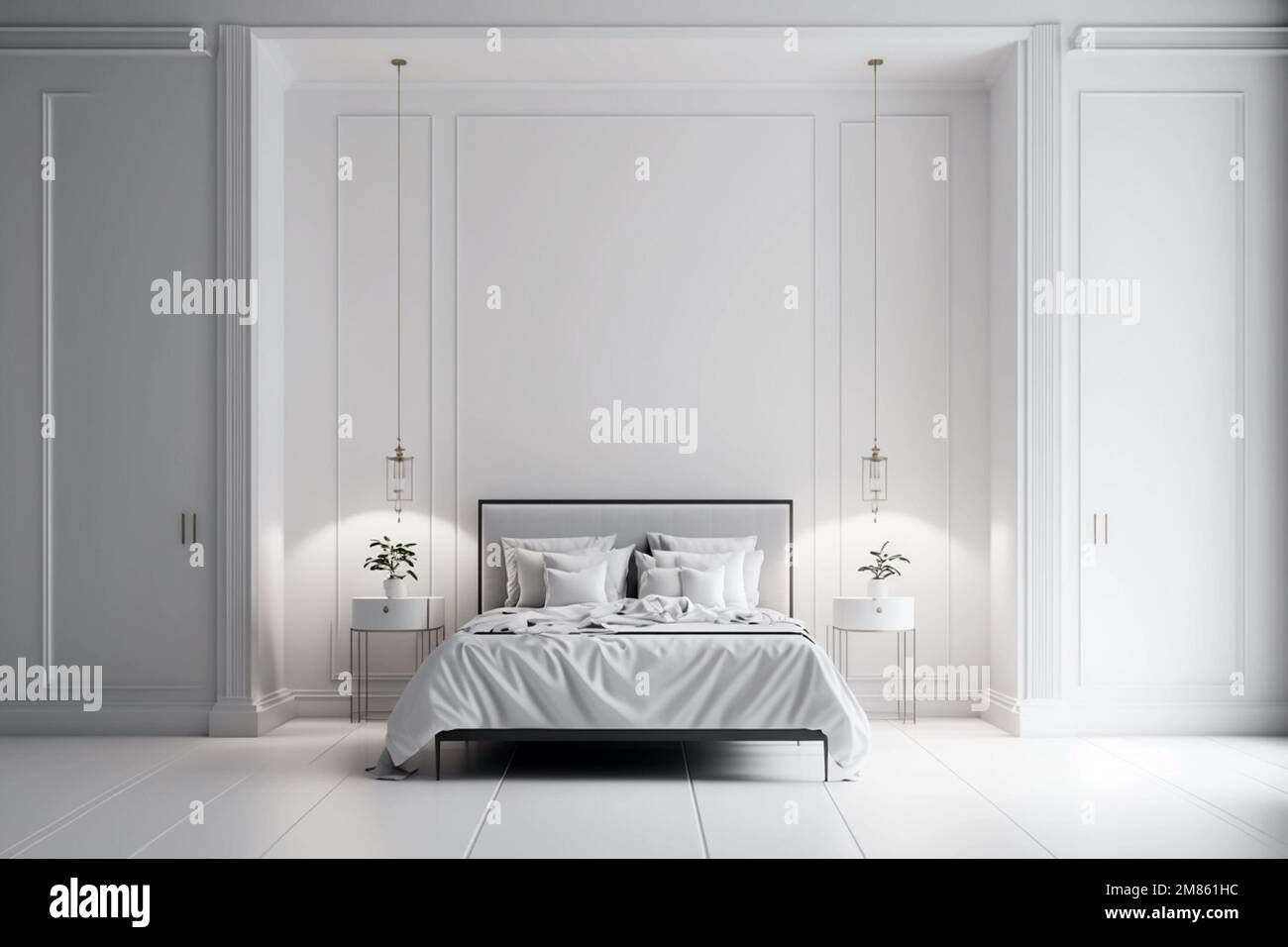 Dormitorio blanco moderno minimalista. Acogedora habitación blanca y gris  concepto mínimo, cama con un montón de almohadas, paredes blancas y plantas  verdes, representación 3D, AI g Fotografía de stock - Alamy