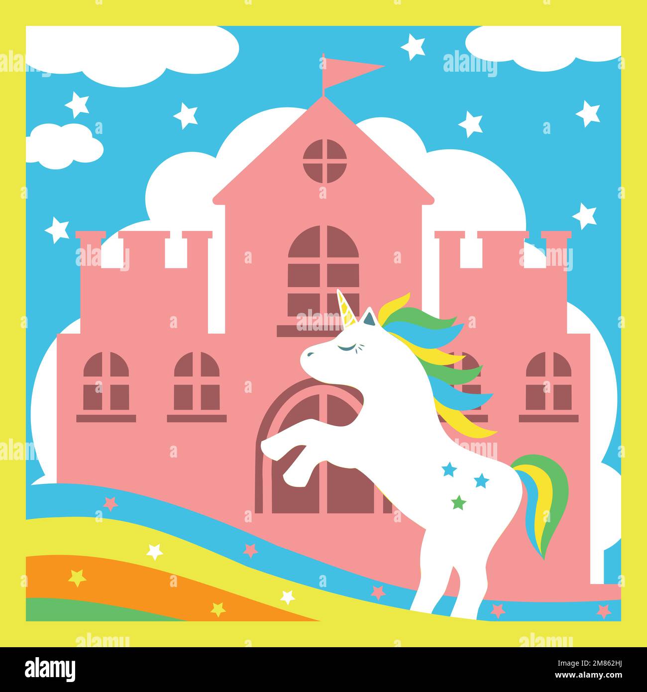 Unicornio lindo en el fondo del castillo de la princesa, colorido personaje  de pony de dibujos animados en las nubes, plantilla de tarjeta de  felicitación de múltiples capas Imagen Vector de stock -