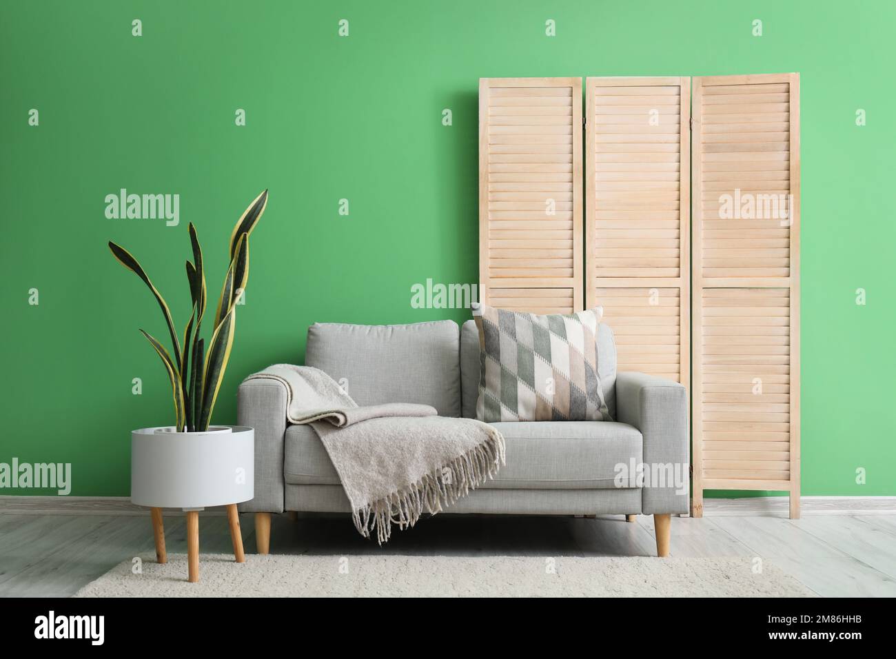 Interior de la sala de estar con sofá gris planta de interior y pantalla  plegable de madera cerca de la pared verde Fotografía de stock - Alamy