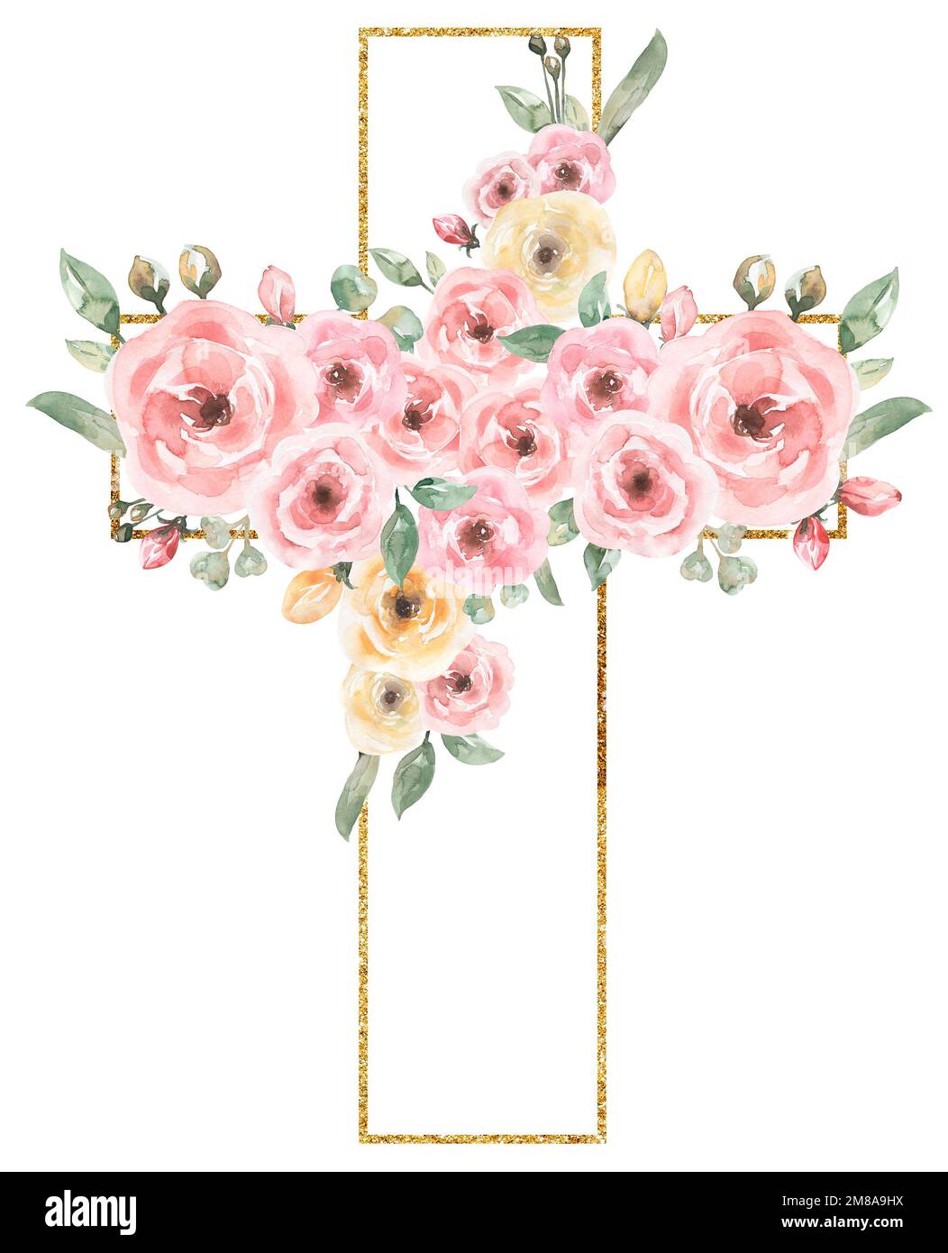 Acuarela Pascua flores rosas Cruz Clipart, marco de oro, delicado arreglo de flores de peonía, pintado a mano Cruz de bautismo rosa, invitaciones de boda, ne Fotografía de stock - Alamy Acuarela Pascua flores rosas Cruz Clipart, marco de oro, delicado arreglo de flores de peonía, pintado a mano Cruz de bautismo rosa, invitaciones de boda, ne Fotografía de stock - Alamy