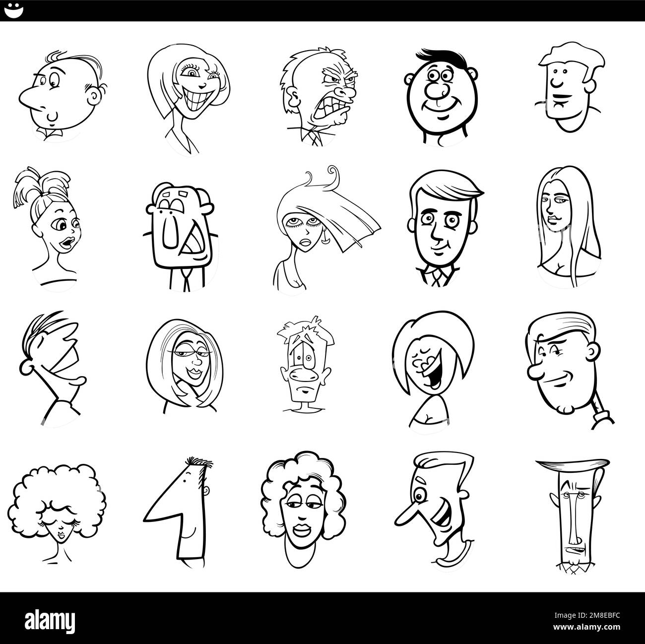 Ilustración de dibujos animados en blanco y negro de personajes de personas divertidas se enfrenta a estados de ánimo establecidos Ilustración del Vector