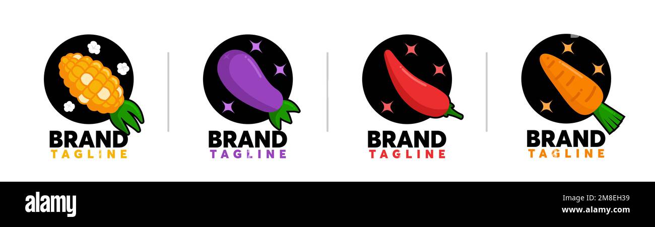 Logotipos de vector de cohete vegetal. maíz, berenjena, pimienta y zanahoria cohete creativo diseño de logotipo moderno. Ilustración del Vector
