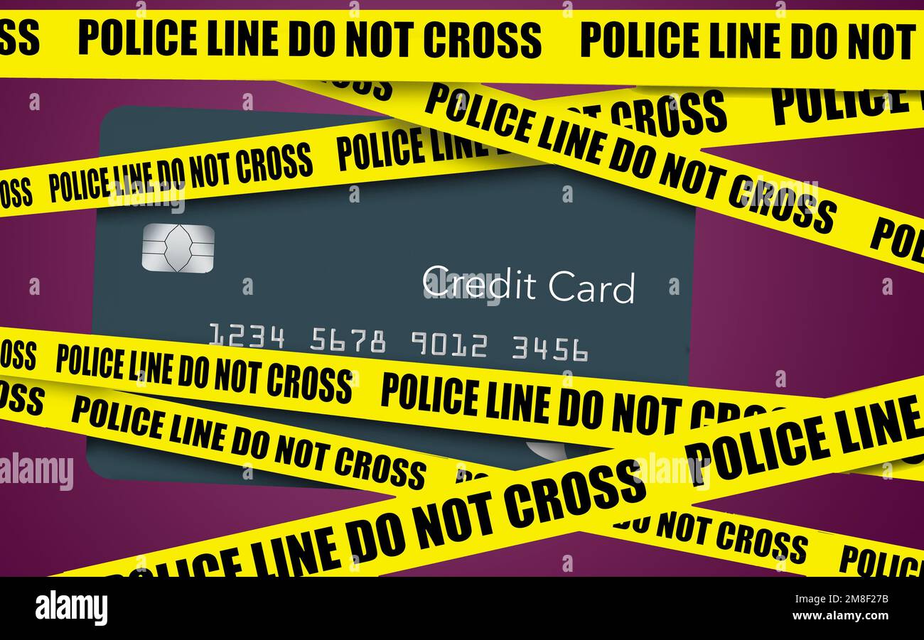 La cinta amarilla de la escena del crimen se ve cubriendo una tarjeta de crédito genérica sobre un fondo blanco. Esta es una ilustración 3-d sobre tarjetas de crédito robadas o crédito c Foto de stock