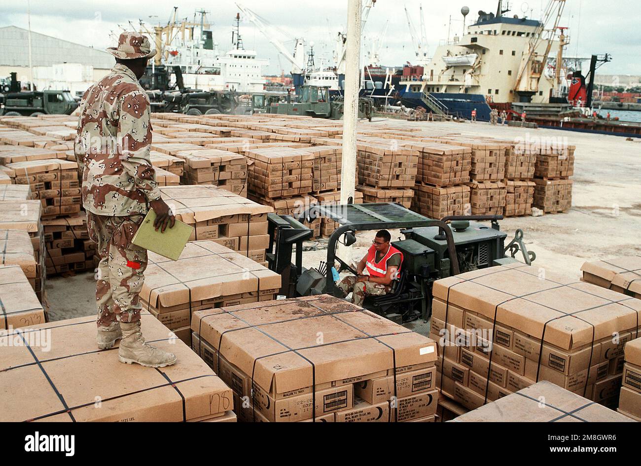 Un Marine of Landing Support Battalion, el Grupo de Apoyo de Servicio de la Fuerza 1st, observa cómo otro Marine recoge una paleta de suministros con una carretilla elevadora durante el esfuerzo multinacional de socorro Operation Restore Hope. Asunto Operación/Serie: RESTAURAR LA ESPERANZA Base: MOGADISCIO País: Somalia (SOM) Foto de stock