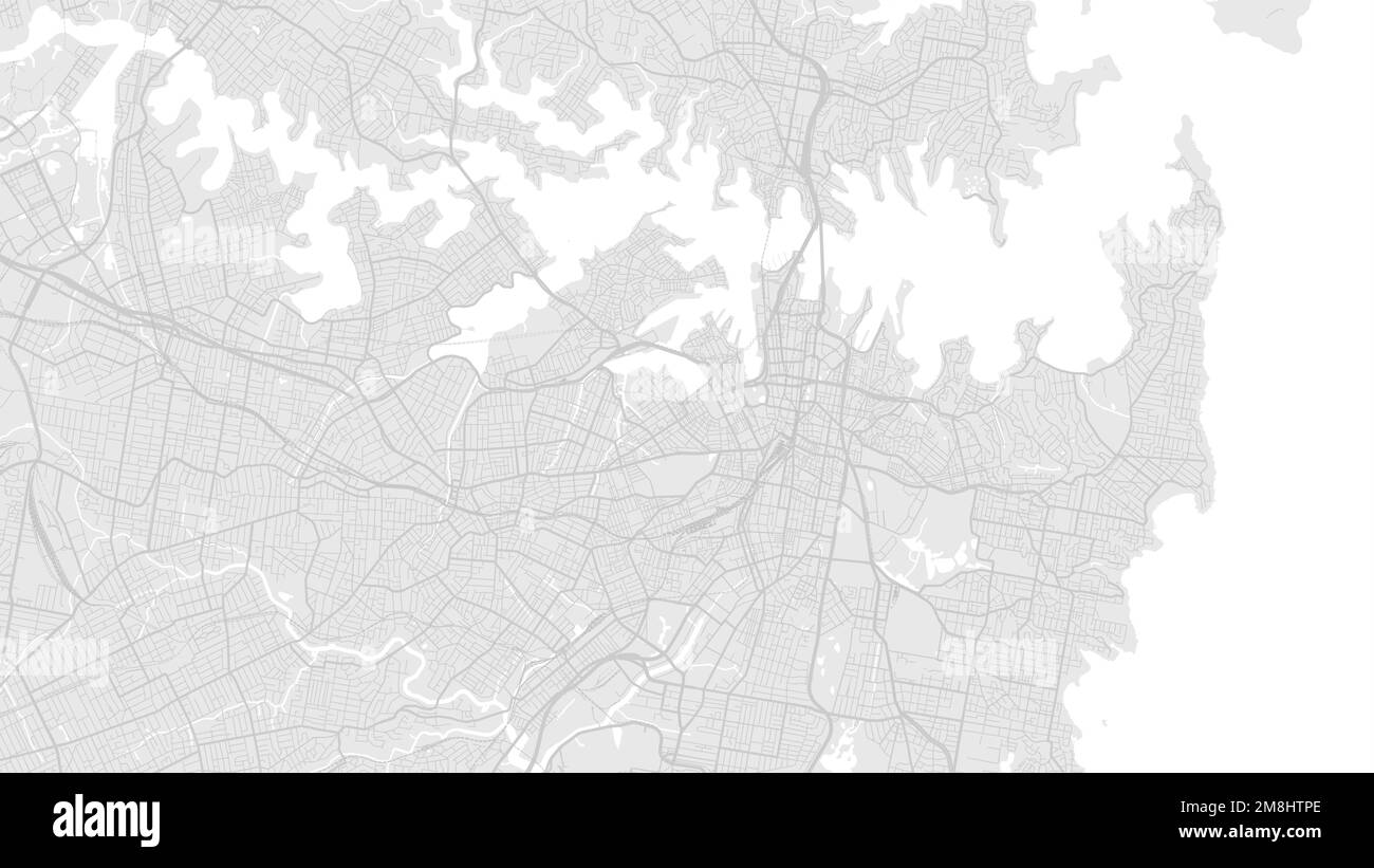 Blanco y gris claro área de la ciudad de Sydney vector mapa de fondo, carreteras y agua ilustración. Hoja de ruta de diseño plano digital con proporción panorámica. Ilustración del Vector