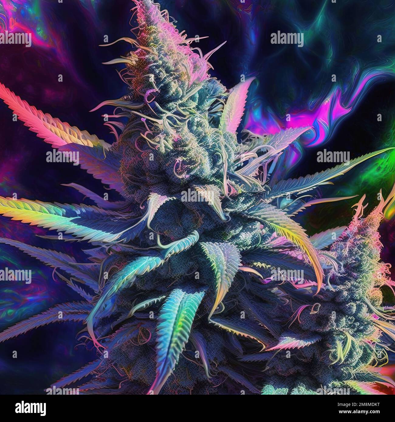 Brillante cono de cannabis psicodélico y hojas. Concepto de marihuana  mágica de neón colorido. IA generativa. No se basa en ninguna escena real  Fotografía de stock - Alamy