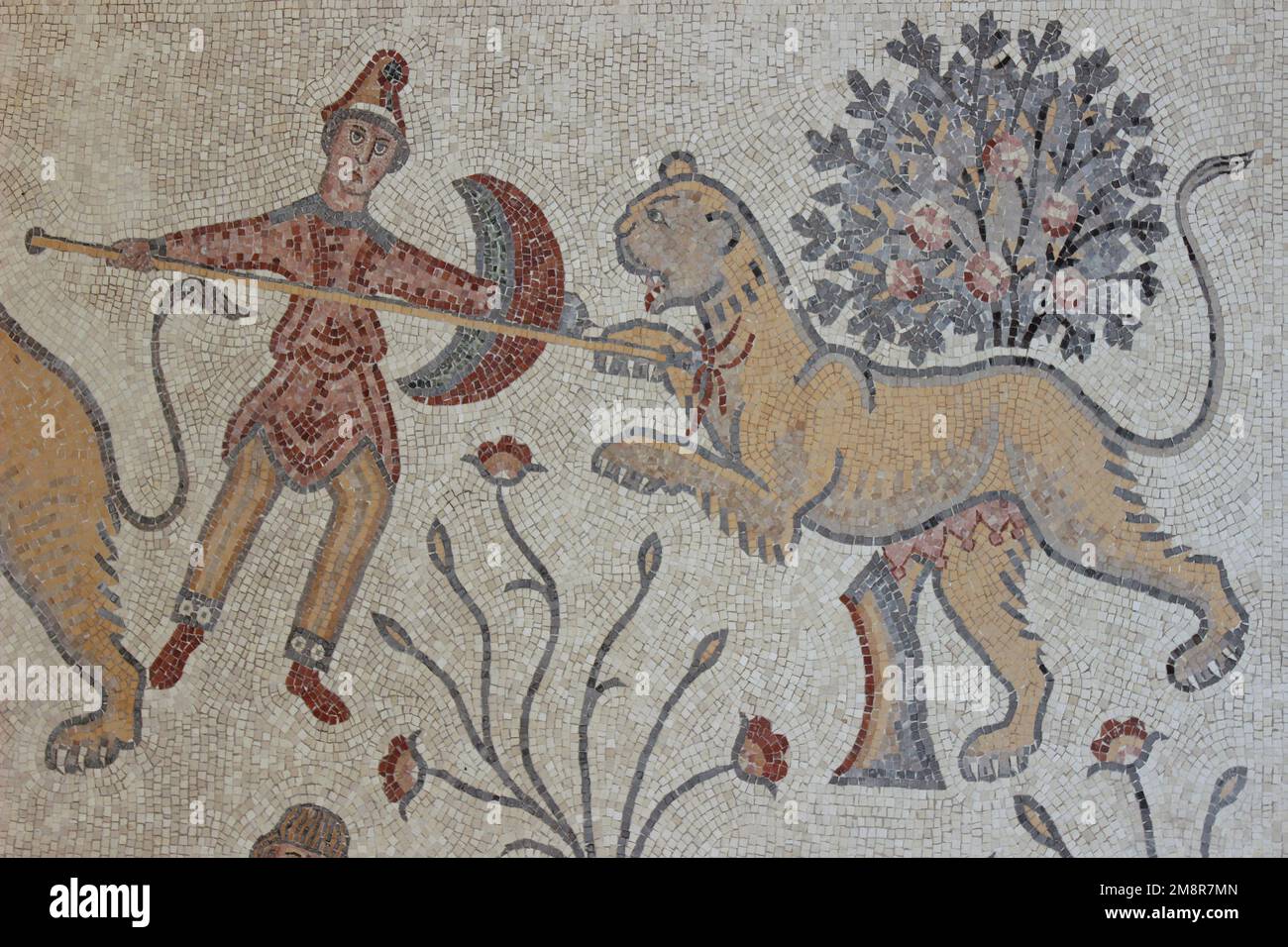 Diakonikon Bapistery Mosaic - Escena de Caza, Monte Nebo, Jordania Foto de stock