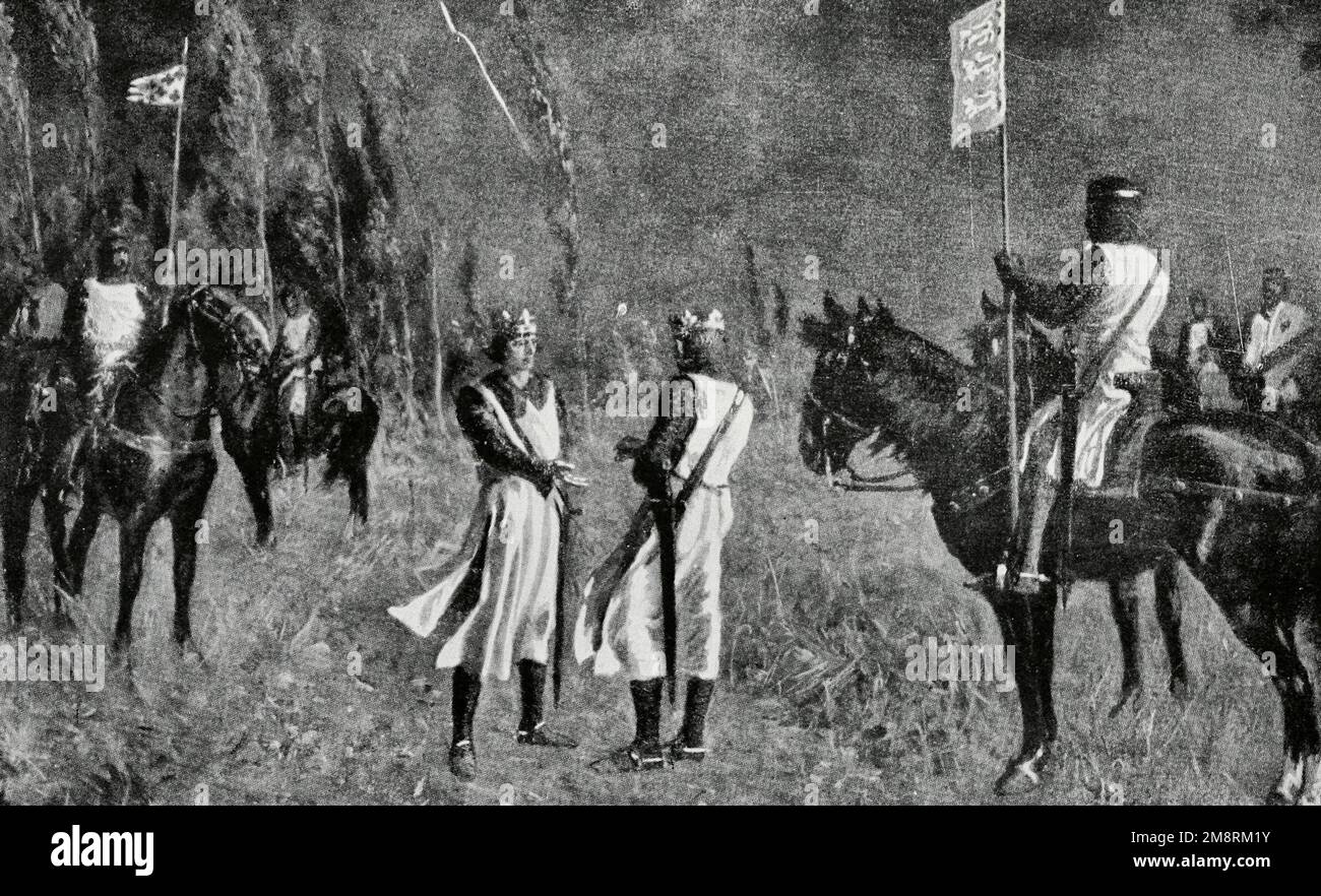 El encuentro del rey inglés Enrique II y el rey francés Felipe II durante una violenta tormenta Foto de stock