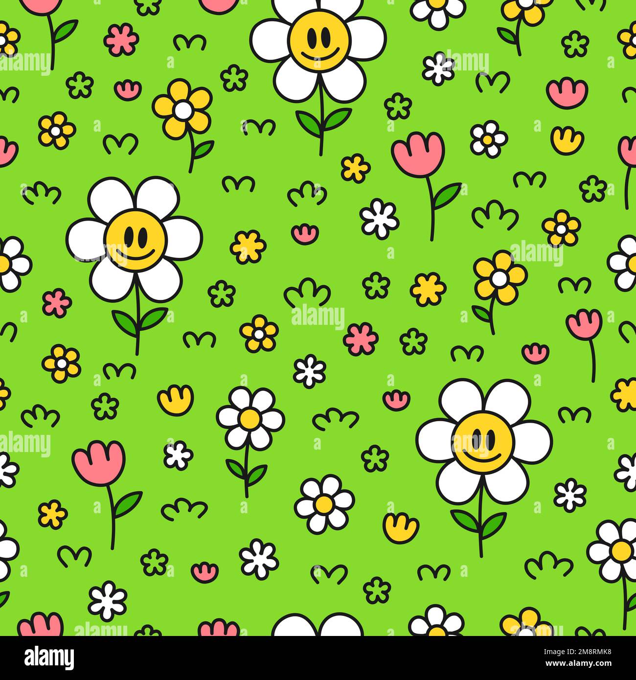 Flores divertidas lindas de la cara de la sonrisa kawaii sobre fondo verde  arte de patrón sin fisuras. Vector ilustración de personaje kawaii de  dibujos animados  sonrisa vintage cara flor de