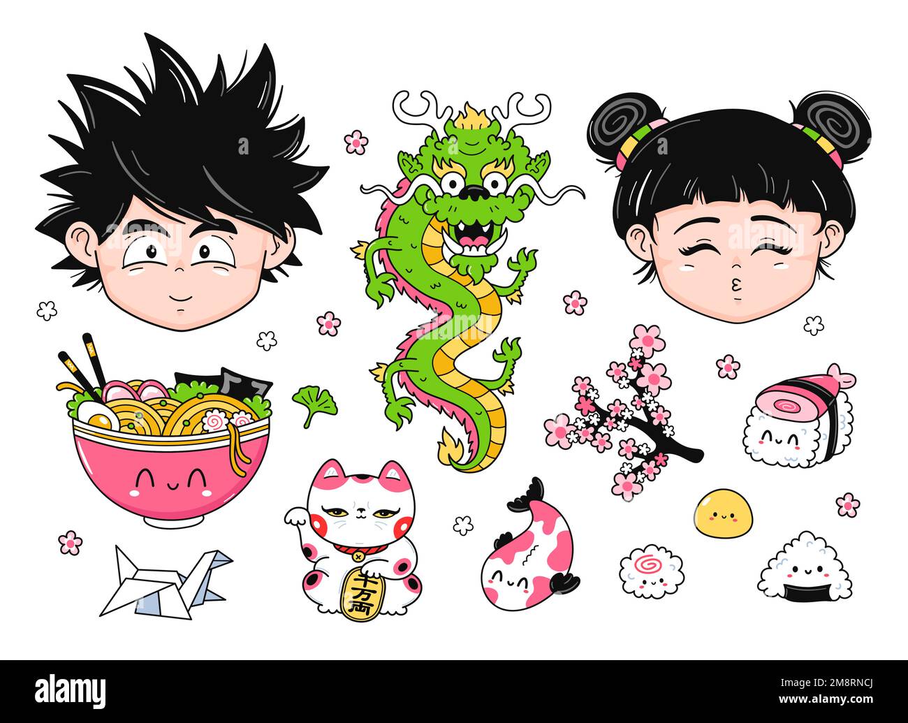 Conjunto De Pegatinas Kawaii O Elementos Con Linda Ilustración Vectorial De  Estilo De Dibujos Animados Manga Anime Japonés Ilustraciones svg,  vectoriales, clip art vectorizado libre de derechos. Image 205396754