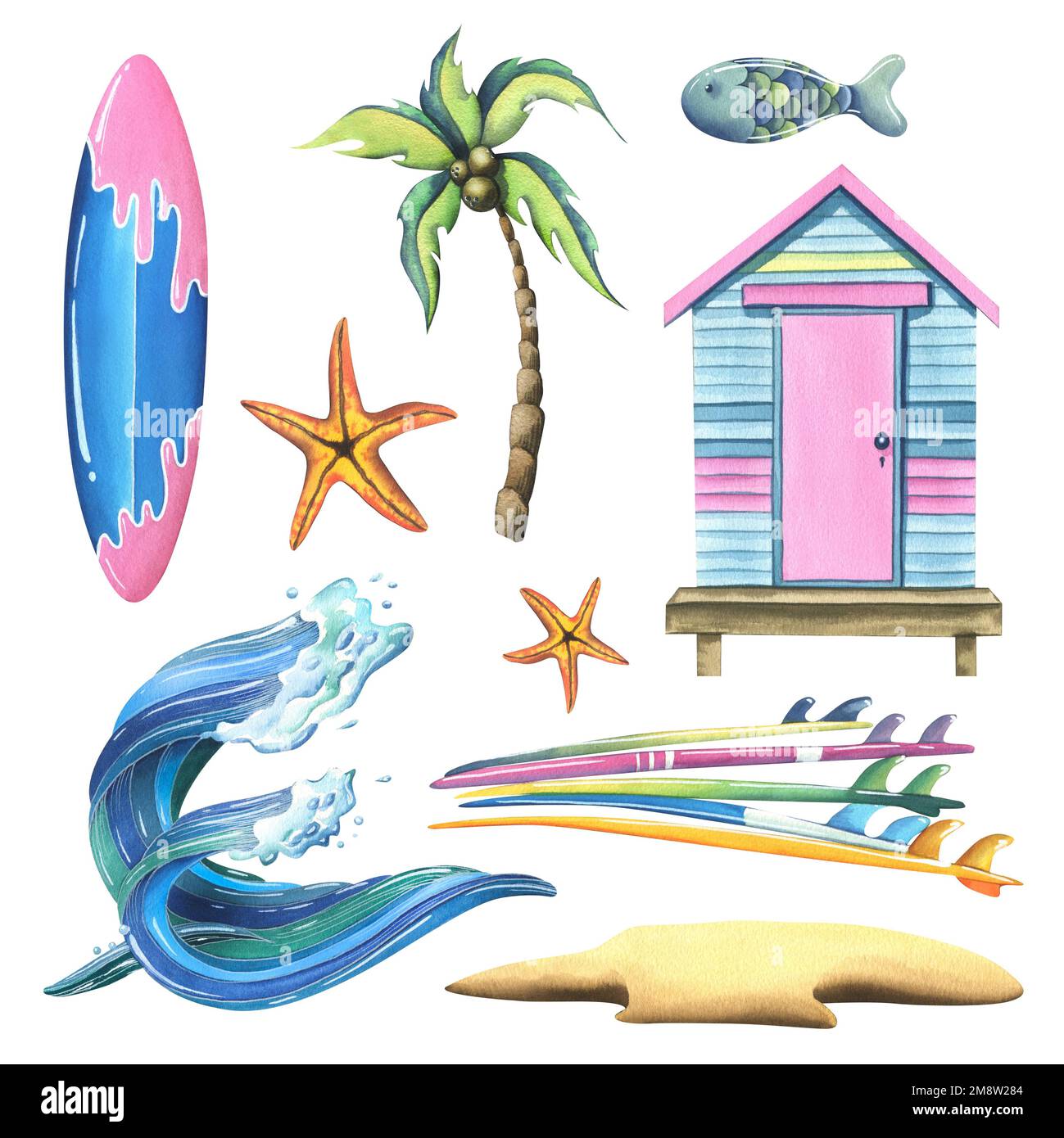 Las tablas de surf son multicolores, grises, rosadas, azules, rayadas.  ilustración de acuarela. objetos aislados sobre un fondo blanco de la  colección surf. para composiciones de decoración y diseño.