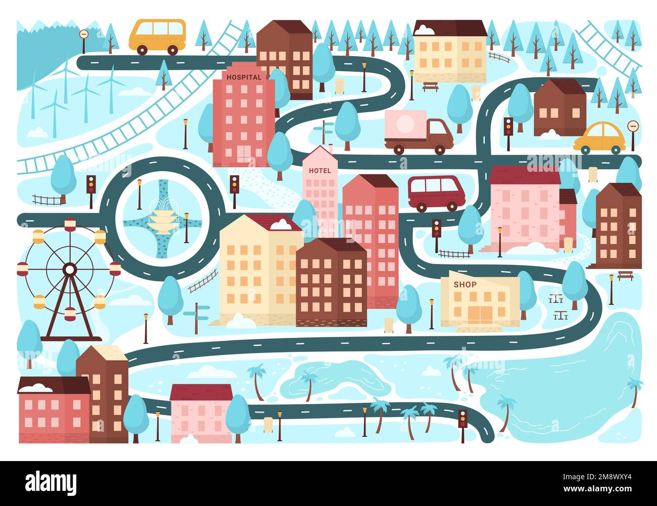 Mapa de la ciudad de invierno ilustración vectorial. Dibujos animados de Navidad lindas casas de ciudad y carretera con nieve para niños juego de mesa, papel pintado de Navidad con pequeños edificios y árboles, coches en el patrón de calles, vista superior Ilustración del Vector