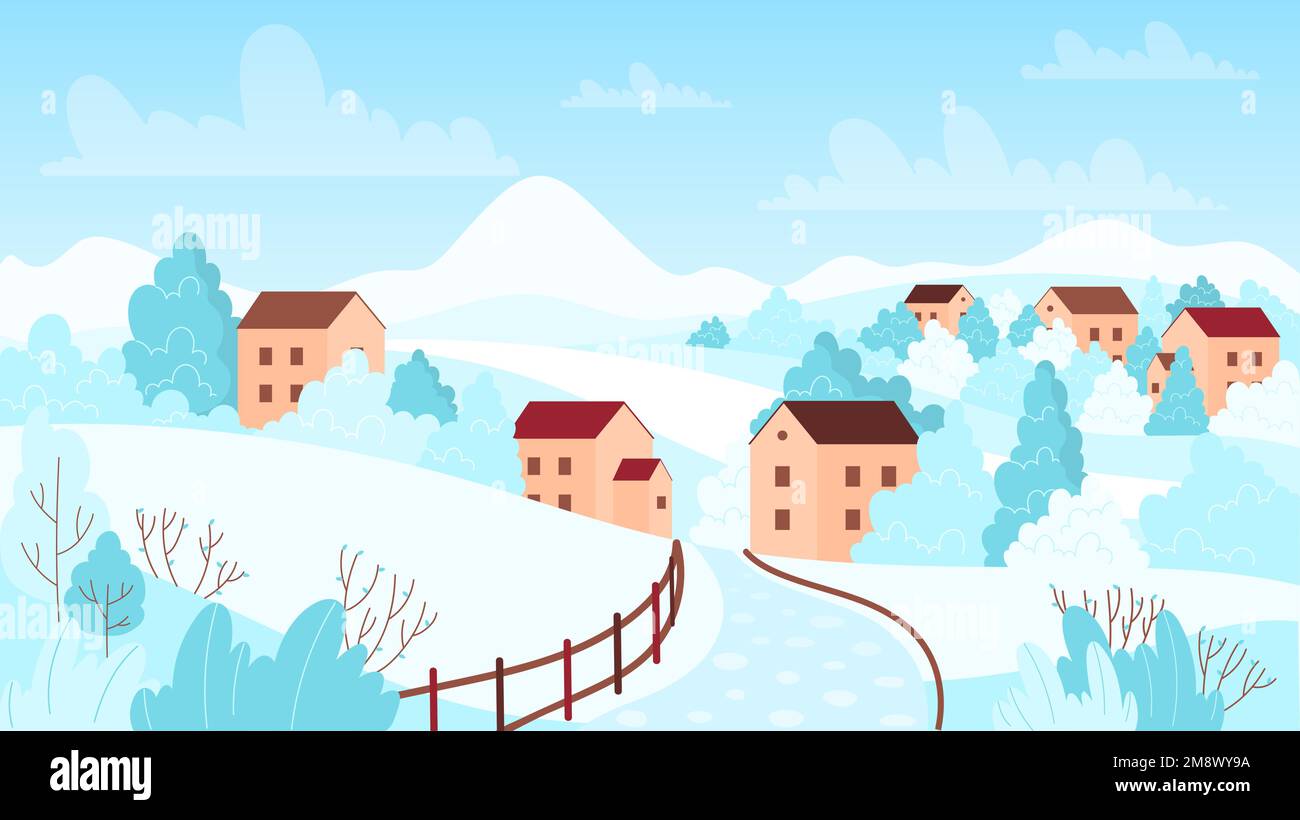 Ilustración vectorial de paisaje de aldea de nieve de invierno. Paisaje  nevado de dibujos animados con el camino a las casas de granja y árboles de  jardín congelados, escena de campo frío