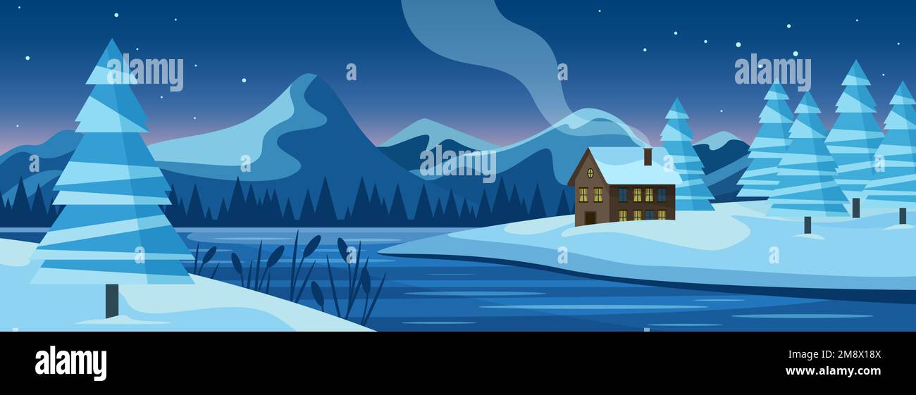 Paisaje nevado del río del invierno con la ilustración del vector de la  casa. Nieve de dibujos animados y hielo en los árboles y la montaña en la  noche, escena de la