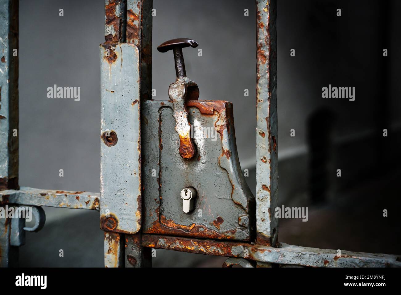 Nostálgica cerradura de puerta oxidada con un cilindro de cerradura moderno en una rejilla de entrada de metal, espacio de copia en el fondo oscuro, enfoque seleccionado Foto de stock