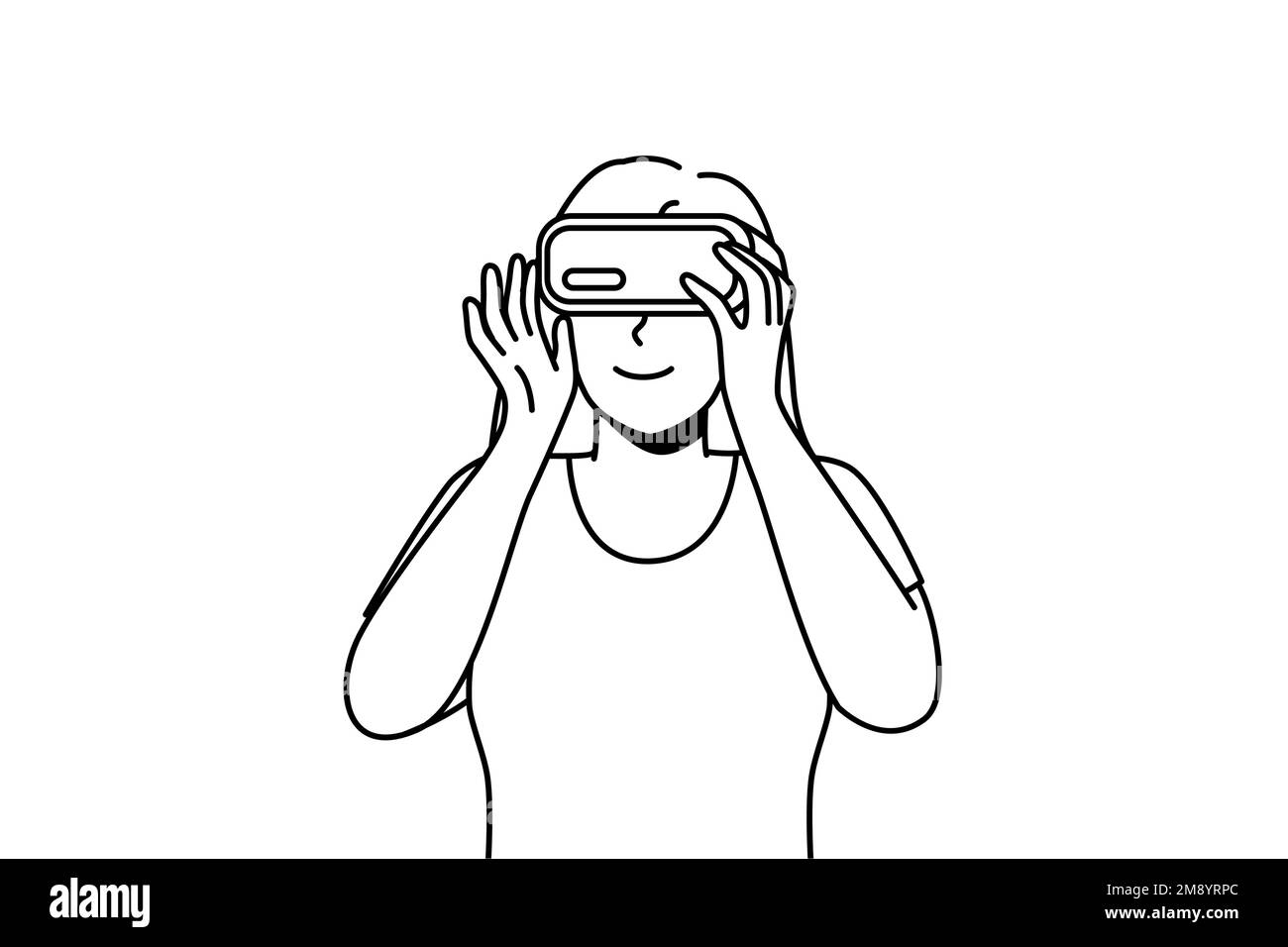 Mujer sonriente en gafas VR explorar nuevos horizontes. Chica feliz en realidad virtual auriculares Disfrute de la tecnología moderna. Ilustración vectorial. Ilustración del Vector
