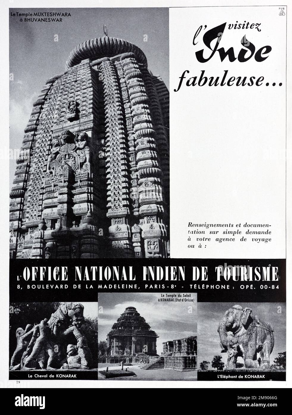 Vintage o antiguo anuncio, publicidad, publicidad o ilustración para el turismo en la India Anuncio 1956. Ilustrado con el Templo Muktesvara en Bhubaneswar, y el Templo Konark Sun. Foto de stock