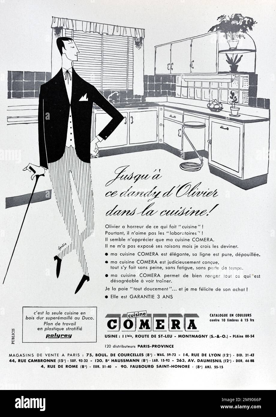 Vintage o antiguo anuncio, anuncio, publicidad o ilustración para 1950s Comera cocina equipada con 1950s hombre. Foto de stock