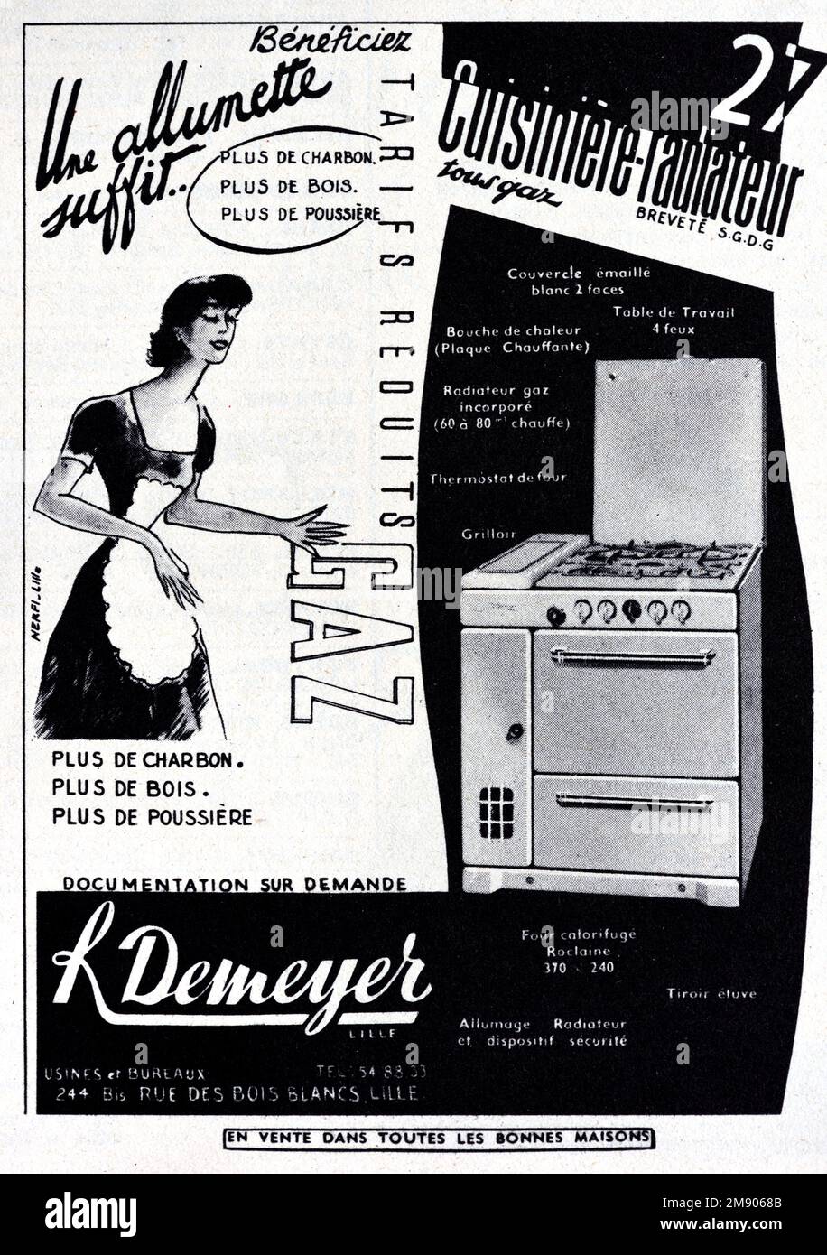 Vintage o antiguo anuncio, publicidad, publicidad o ilustración para gas doméstico, gas de la red o cocina de gas natural 1957. Ilustrado con la imagen de 1950s ama de casa. Foto de stock