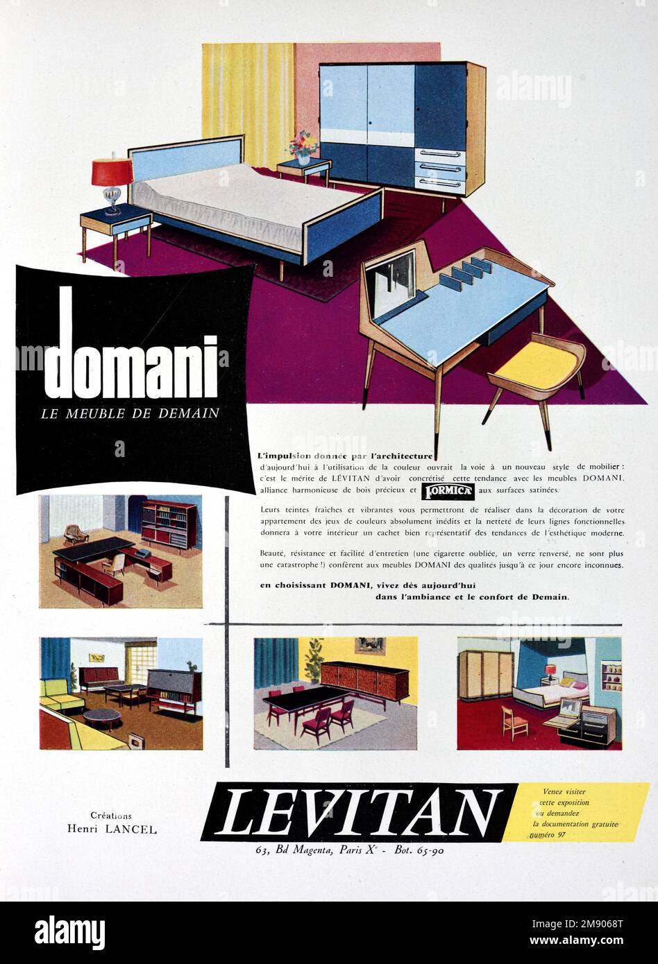 Vintage o antiguo anuncio, anuncio, publicidad o ilustración para 1950s Domani y Levitan 1950s muebles incluyendo 1950s dormitorio 1957 anuncio Foto de stock