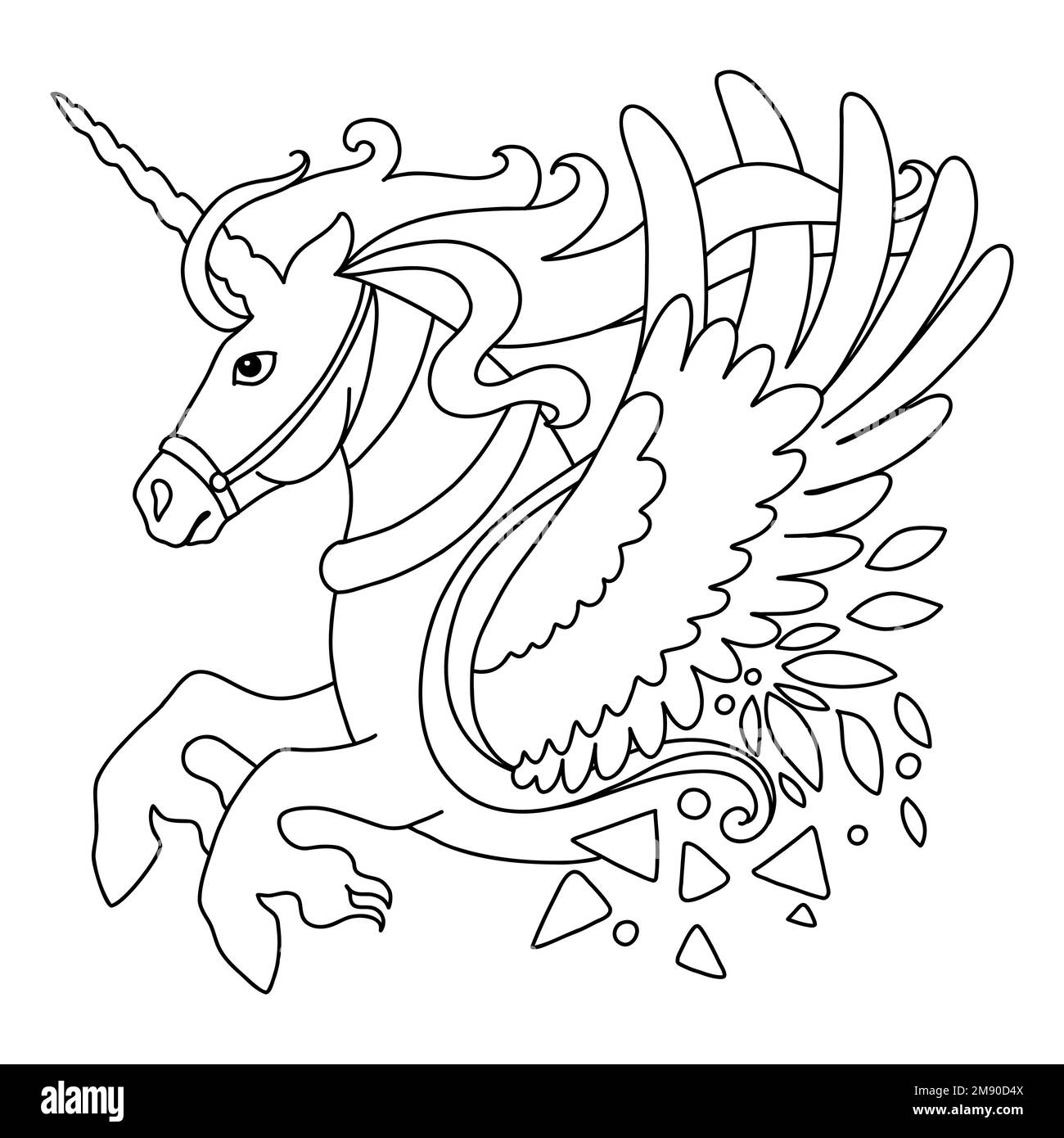 Diseño de enredos de unicornio alado. Dibujado a mano doodle ilustración vectorial. Plantilla con formas simples para crear un colorante decorativo complejo. Cabeza de animal Ilustración del Vector