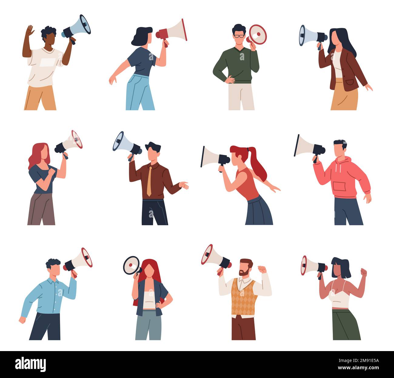 Personas con megáfono. Personajes de hombres y mujeres hablando