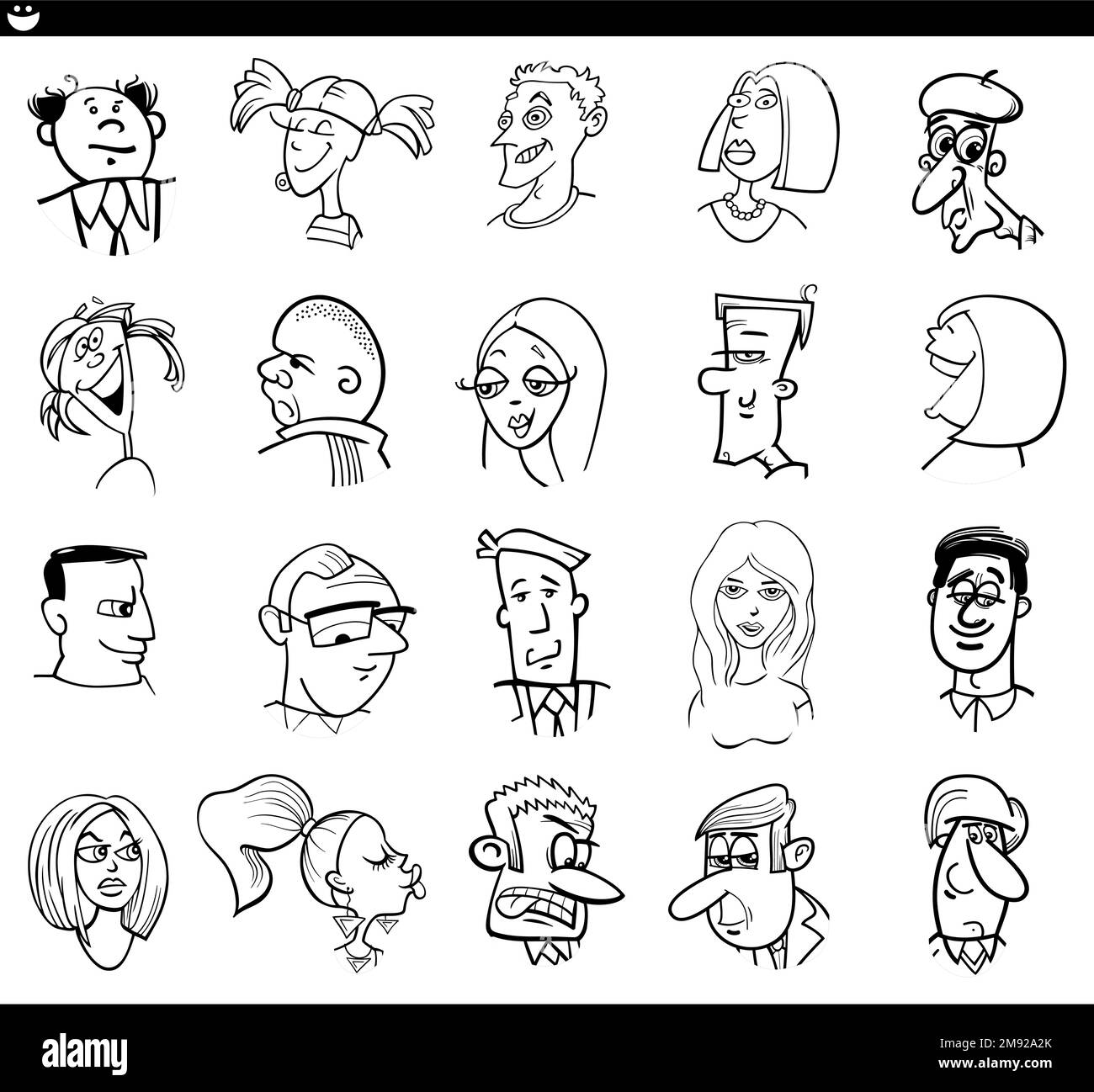 Ilustración de dibujos animados en blanco y negro de caras de personajes de personas divertidas y estados de ánimo establecidos Ilustración del Vector