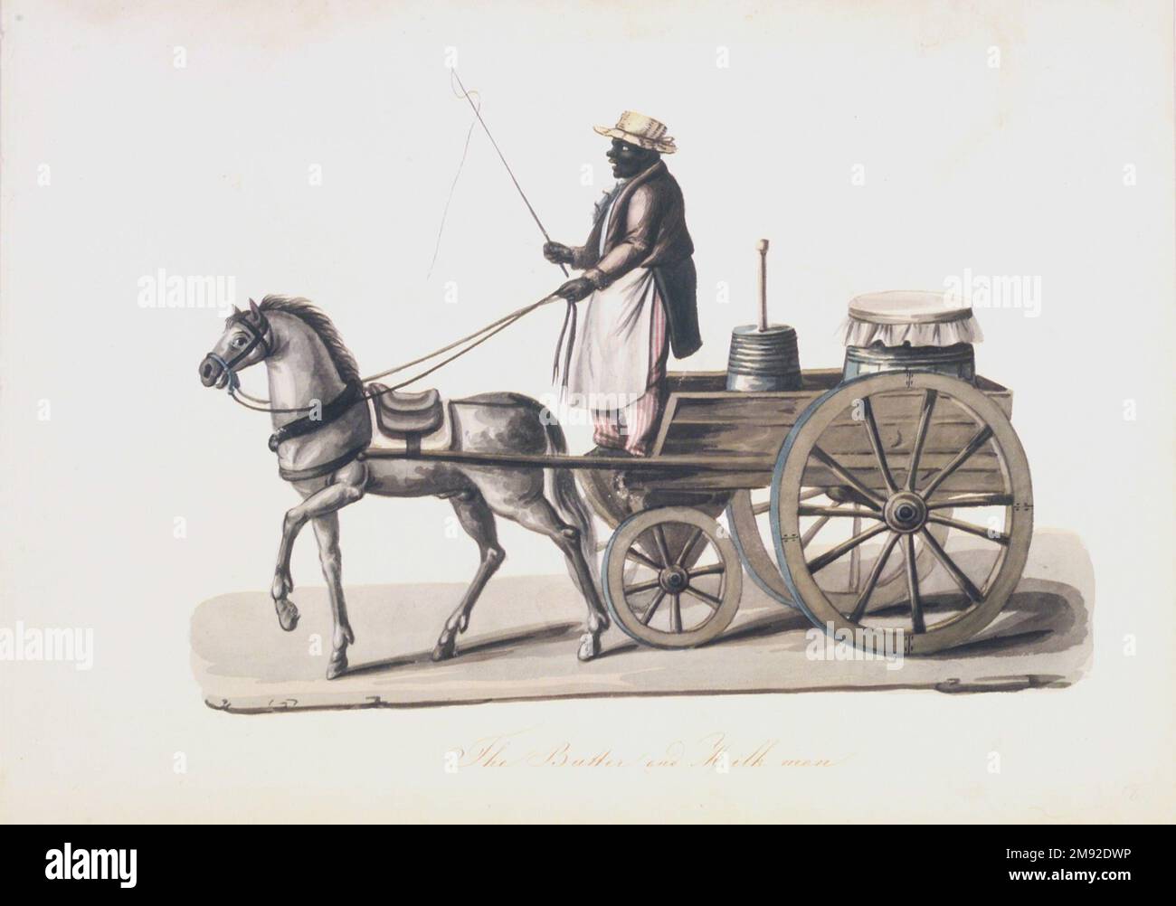 El hombre de la mantequilla y la leche Nicolino V. Calyo (1799-1884). El hombre de la mantequilla y la leche, 1840s. Acuarela sobre grafito sobre papel de tejido blanquecino, moderadamente grueso y con textura lisa, 10 1/2 x 14 3/4 pulg. (26,7 x 37,5 cm). El italiano Nicolino Calyo se estableció en la ciudad de Nueva York en la década de 1830s, donde hizo una serie de imágenes (incluida esta) de comerciantes locales. Los afroamericanos desempeñaron un papel crucial en las economías de Nueva York y Brooklyn, trabajando típicamente como vendedores ambulantes, barridos de chimeneas, sirvientes domésticos, granjeros y trabajadores portuarios. Antes de 1827, cuando la esclavitud fue abolida en New York Stat Foto de stock