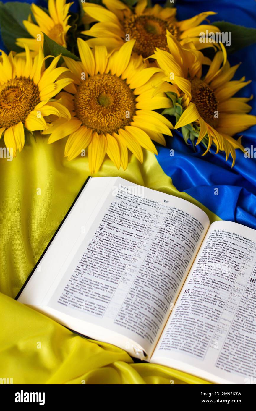 Biblia (Sagrada Escritura) y girasoles en el fondo de la bandera de Ucrania  Fotografía de stock - Alamy