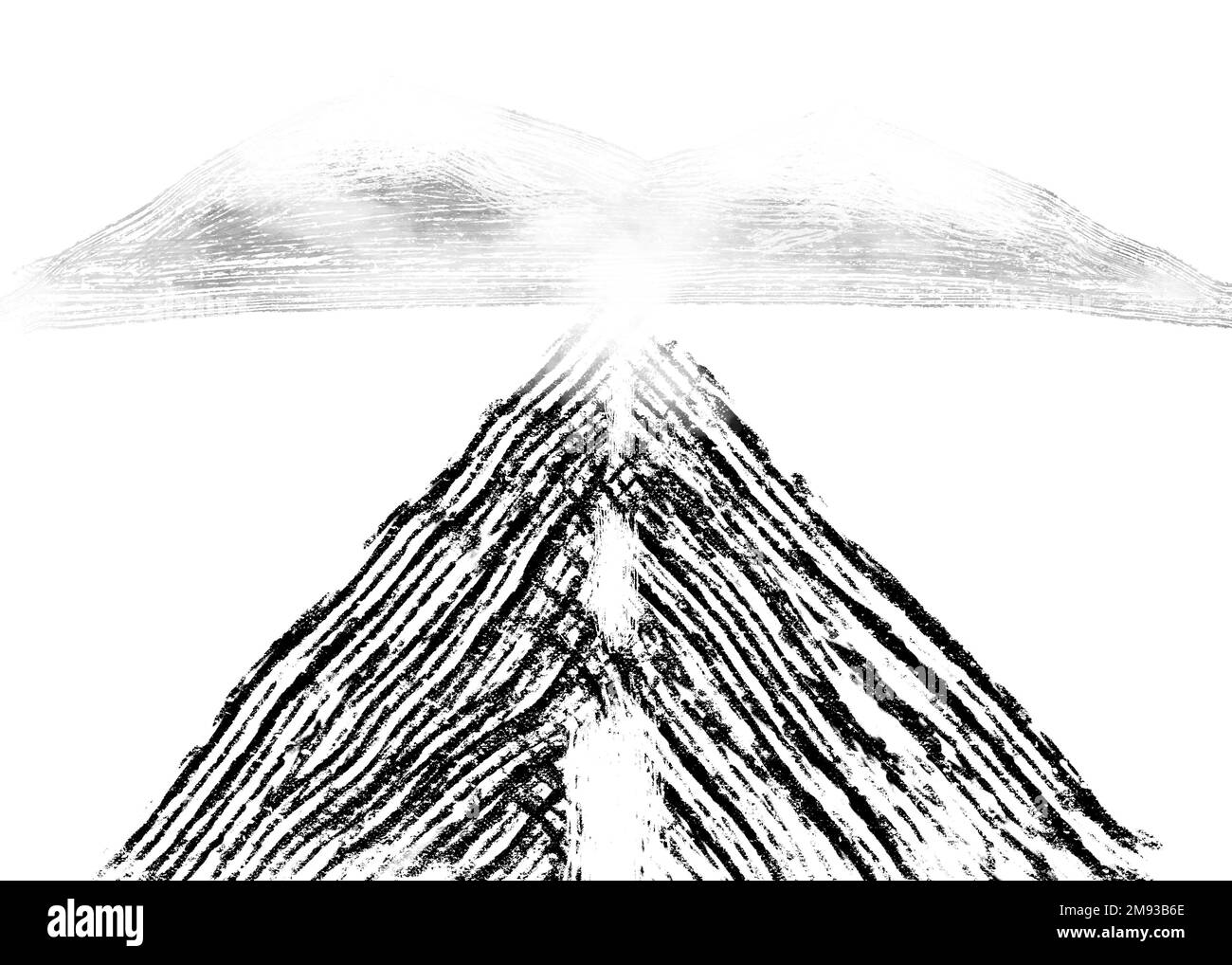 Pintura mínima en blanco y negro de una carretera que se extiende hacia las montañas nevadas en la distancia desapareciendo en la niebla nevada en un lienzo cuadrado Foto de stock