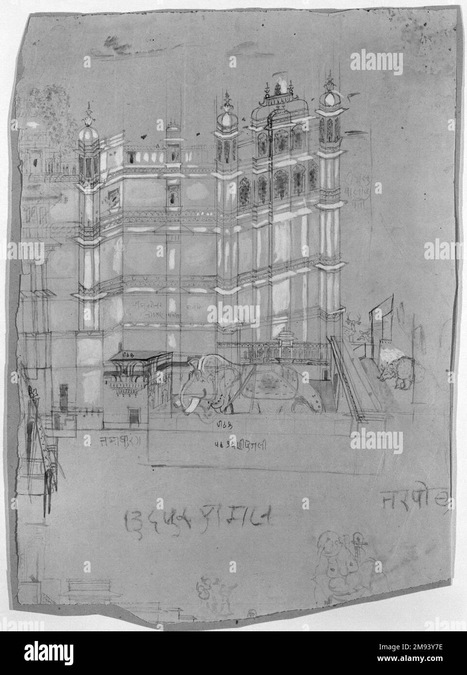 Palacio escena india. Escena del Palacio, ca. 1850. Tinta sepia y color en papel, hoja: 14 3/4 x 10 1/2 pulg. (37,5 x 26,7 cm). Asiático Art ca. 1850 Foto de stock