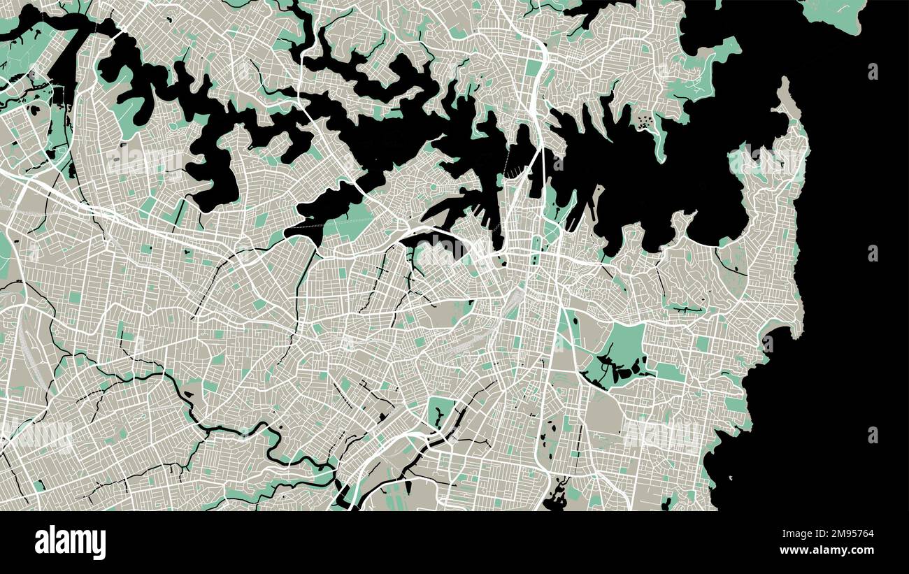 Mapa de Sydney. Mapa vectorial detallado del área administrativa de la ciudad de Sydney. Póster de paisaje urbano Metropolitan aria view. Tierra oscura con calles blancas, carreteras y a. Ilustración del Vector