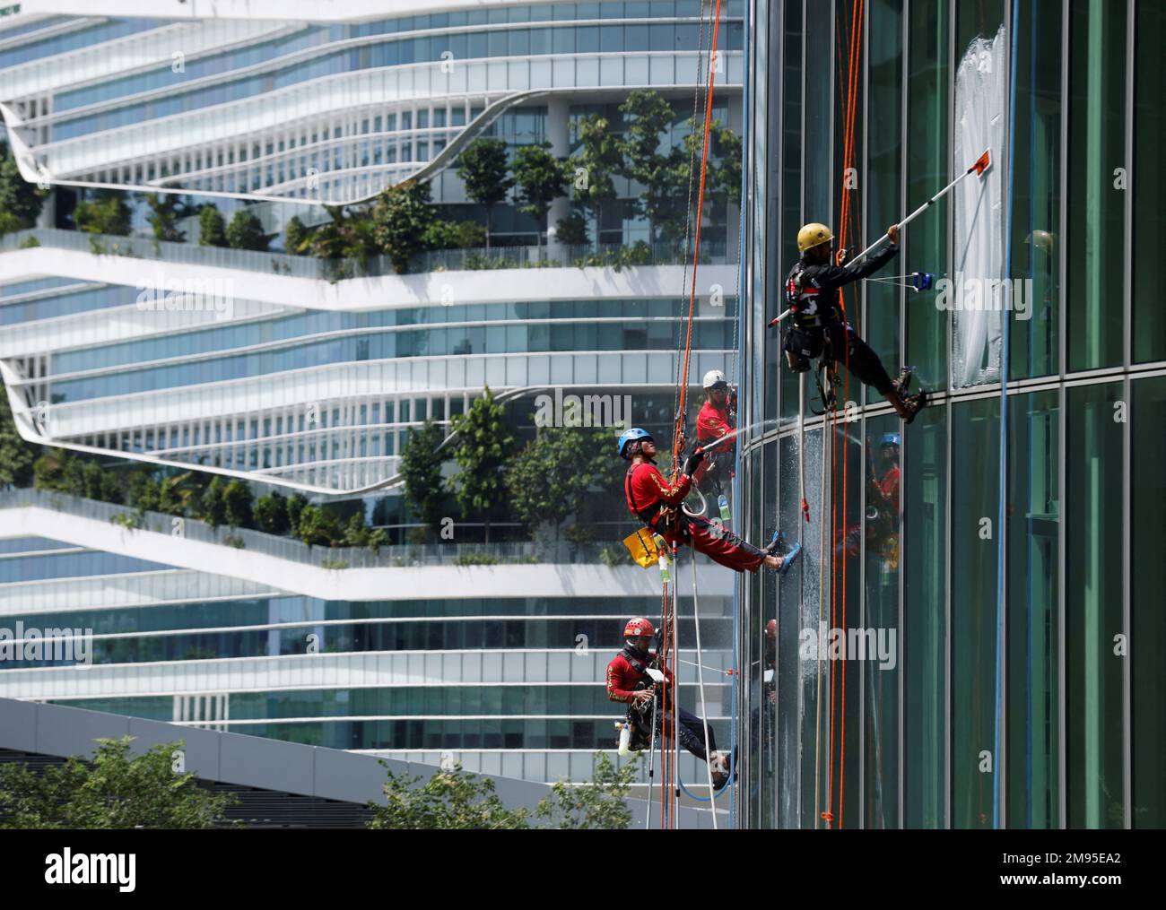 Limpiadores lavan la fachada de un edificio de oficinas en Singapur el 17 de enero de 2023. REUTERS/Edgar Su Foto de stock