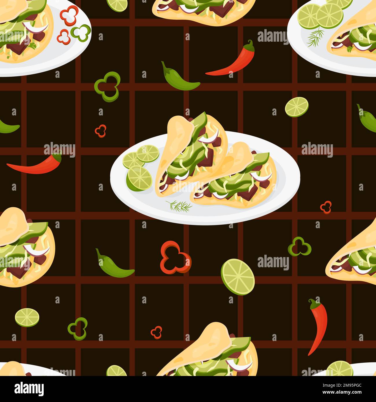 Patrón sin fisuras con comida latinoamericana. Tacos mexicanos en plato