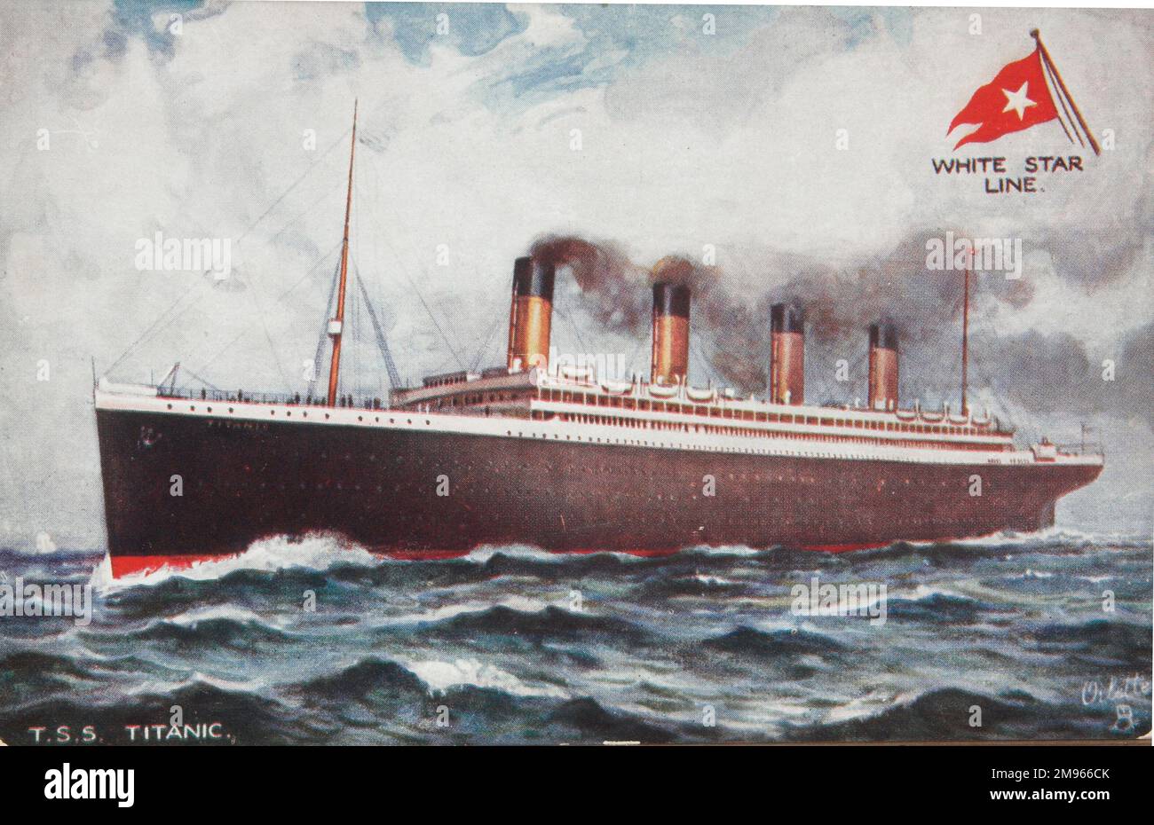 Una postal promocional de White Star Line con una ilustración del nefasto trasatlántico Titanic. T.S.S. en la tarjeta postal es para vaporera de triple tornillo. Algunos observadores han discutido si esta postal muestra el Titanic (!) a pesar de que está etiquetado como tal en la propia tarjeta... Foto de stock