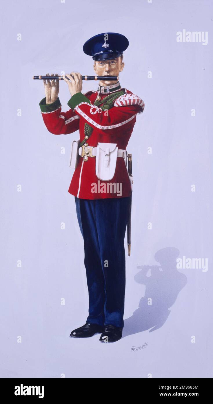 Baterista (flauta / fife) Jugador - Los Aullidos Verdes (Alexandra Princesa del Regimiento de Yorkshire) en Vestido Completo. Llevar un sombrero de vestido Nol. Pintura de Malcolm Greensmith Foto de stock