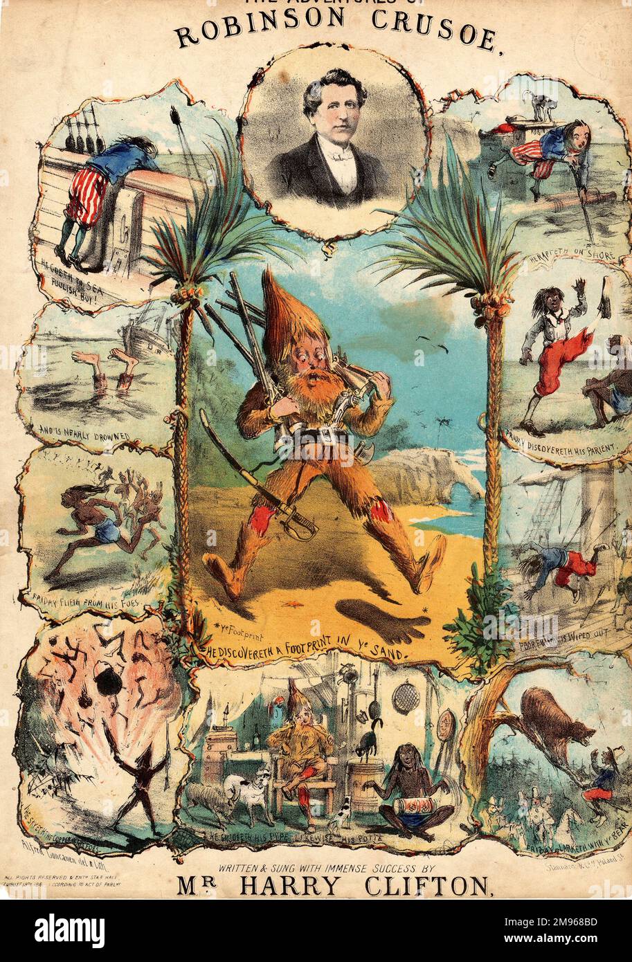 Diseño de la portada de la hoja de música, Las aventuras de Robinson Crusoe, escrito y cantado por el Sr. Harry Clifton. Se representan varias escenas, con el descubrimiento de la huella en la arena en el centro, y el retrato de Harry Clifton en la parte superior. Foto de stock
