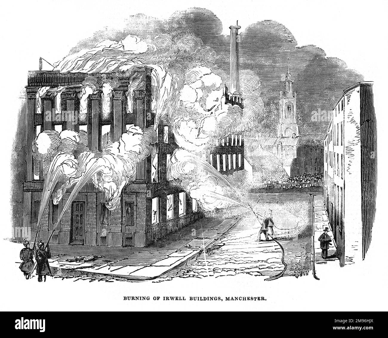 Quema del edificio Irwell, Manchester; Ilustración en blanco y negro de The London Illustrated News; agosto de 1844. Foto de stock