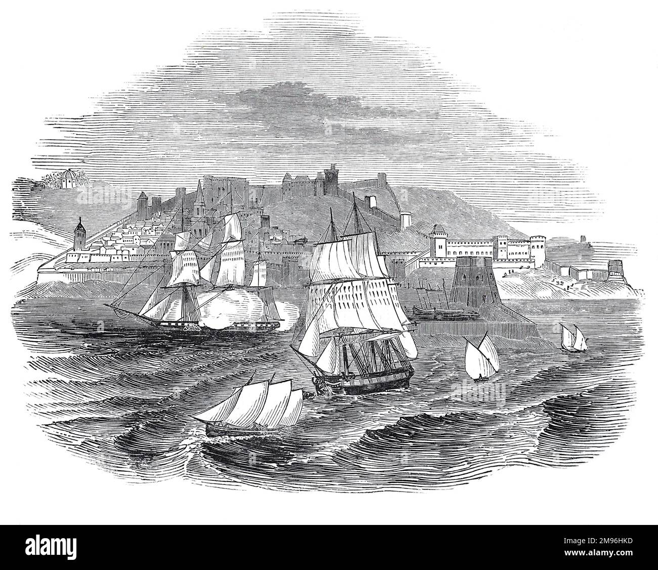 Barcos frente a la costa de Tánger. Marruecos; Ilustración en blanco y negro del London Illustrated News; agosto de 1844. Foto de stock